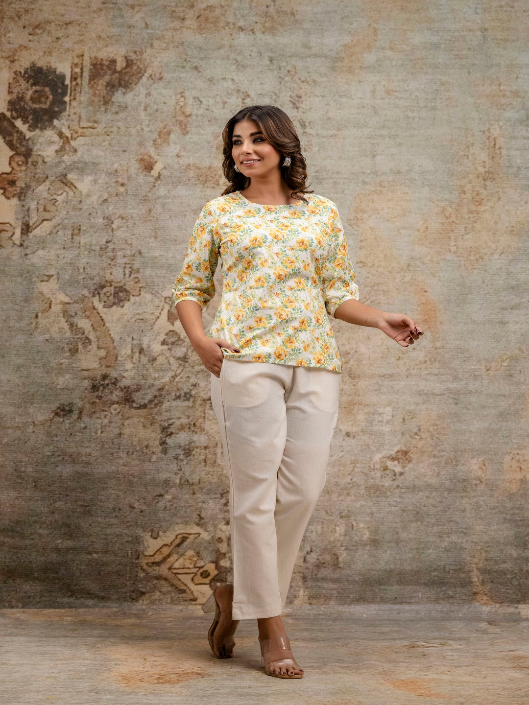 Yellow Printed Round Neck Three-Quarter Sleeves Top & Trouser