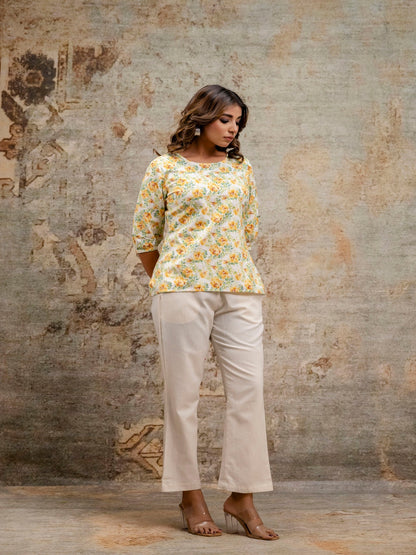 Yellow Printed Round Neck Three-Quarter Sleeves Top & Trouser