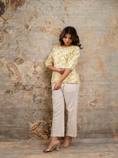 Yellow Printed Round Neck Three-Quarter Sleeves Top & Trouser