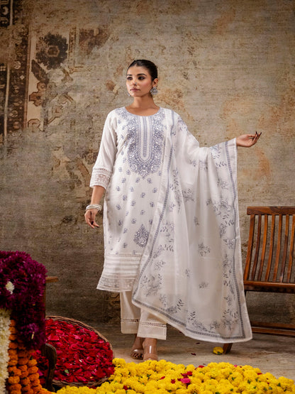 White Blue Embroidered Round Neck Calf Length Cotton Blend Kurta & Pant With Dupatta