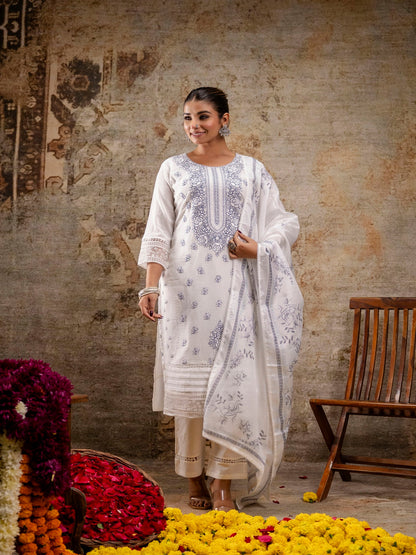 White Blue Embroidered Round Neck Calf Length Cotton Blend Kurta & Pant With Dupatta