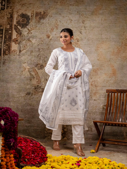 White Blue Embroidered Round Neck Calf Length Cotton Blend Kurta & Pant With Dupatta