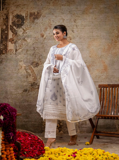 White Blue Embroidered Round Neck Calf Length Cotton Blend Kurta & Pant With Dupatta