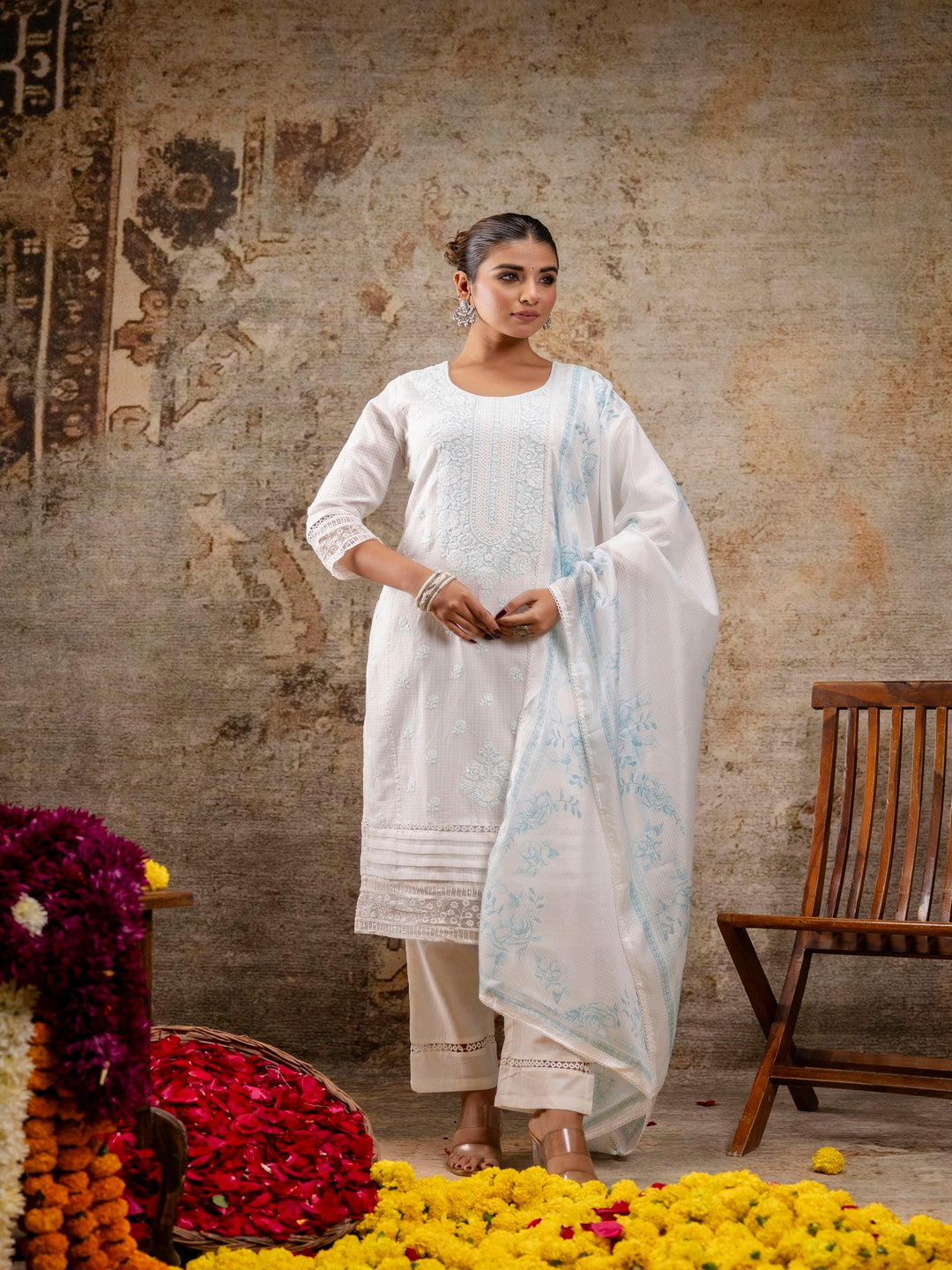 White Green Embroidered Round Neck Calf Length Cotton Blend Kurta & Pant With Dupatta