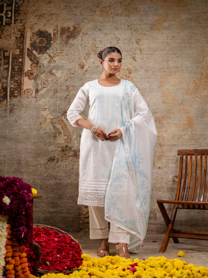 White Green Embroidered Round Neck Calf Length Cotton Blend Kurta & Pant With Dupatta