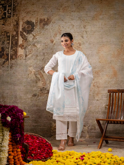 White Green Embroidered Round Neck Calf Length Cotton Blend Kurta & Pant With Dupatta