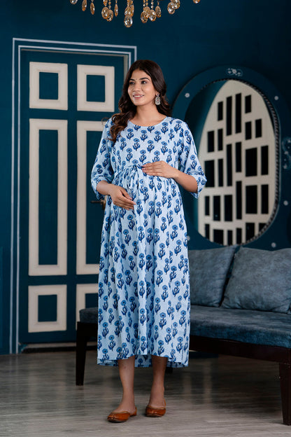 Blue Printed Maternity Dress