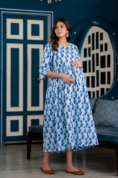 Blue Printed Maternity Dress