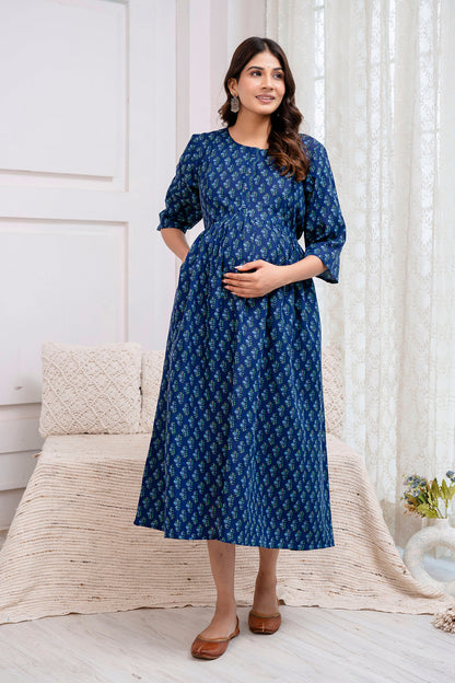 Blue Printed Maternity Dress