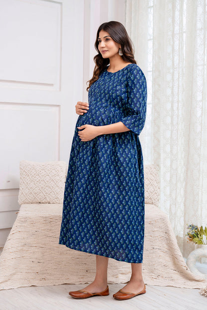 Blue Printed Maternity Dress