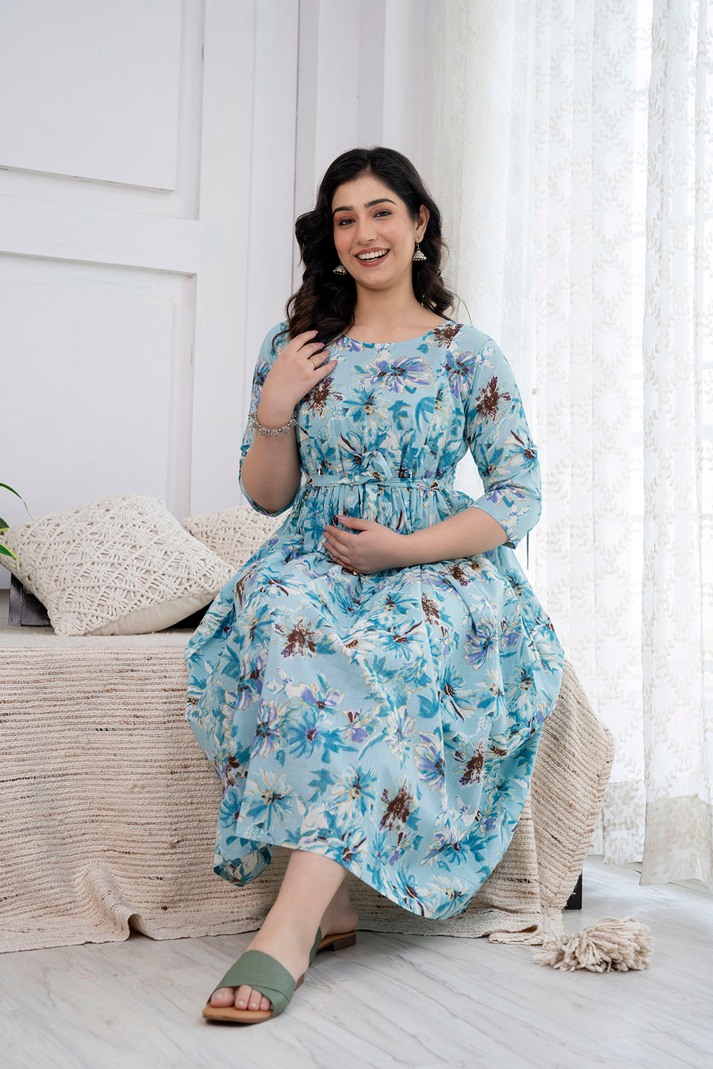 Blue Printed Maternity Dress