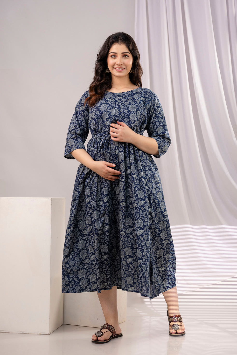 Navy Blue Printed Maternity Dress