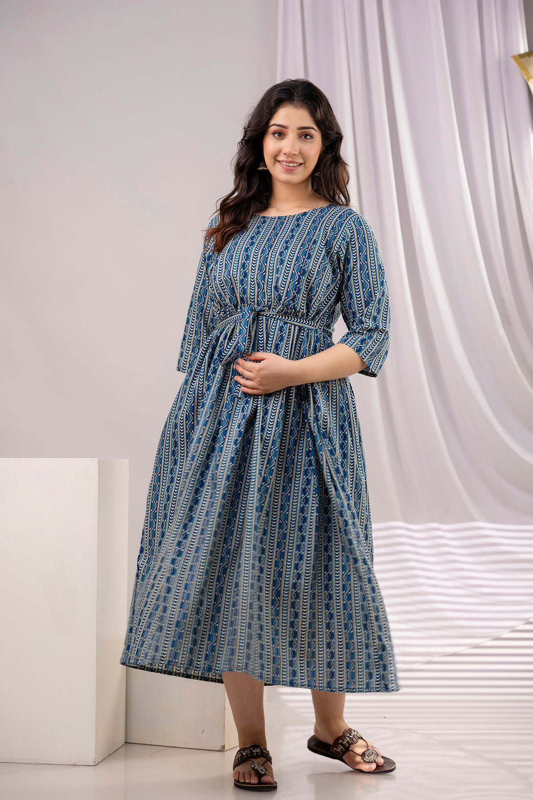 Navy Blue Printed Maternity Dress