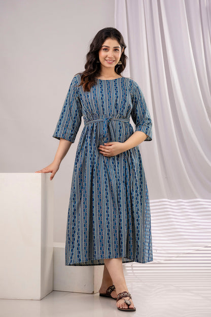 Navy Blue Printed Maternity Dress