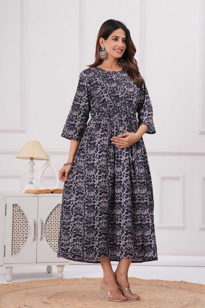 Blue Printed Maternity Dress