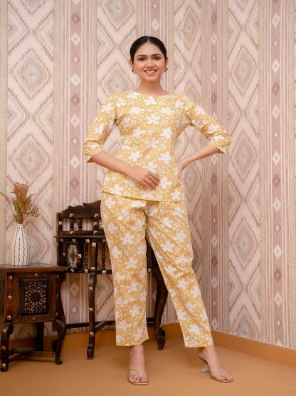 Yellow Printed Cotton Night Suit