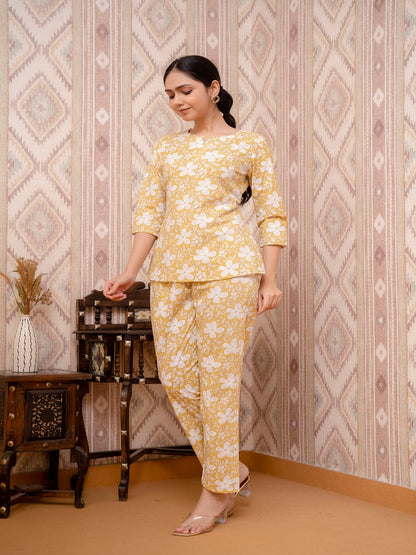 Yellow Printed Cotton Night Suit