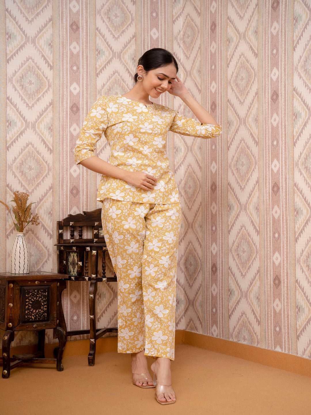 Yellow Printed Cotton Night Suit