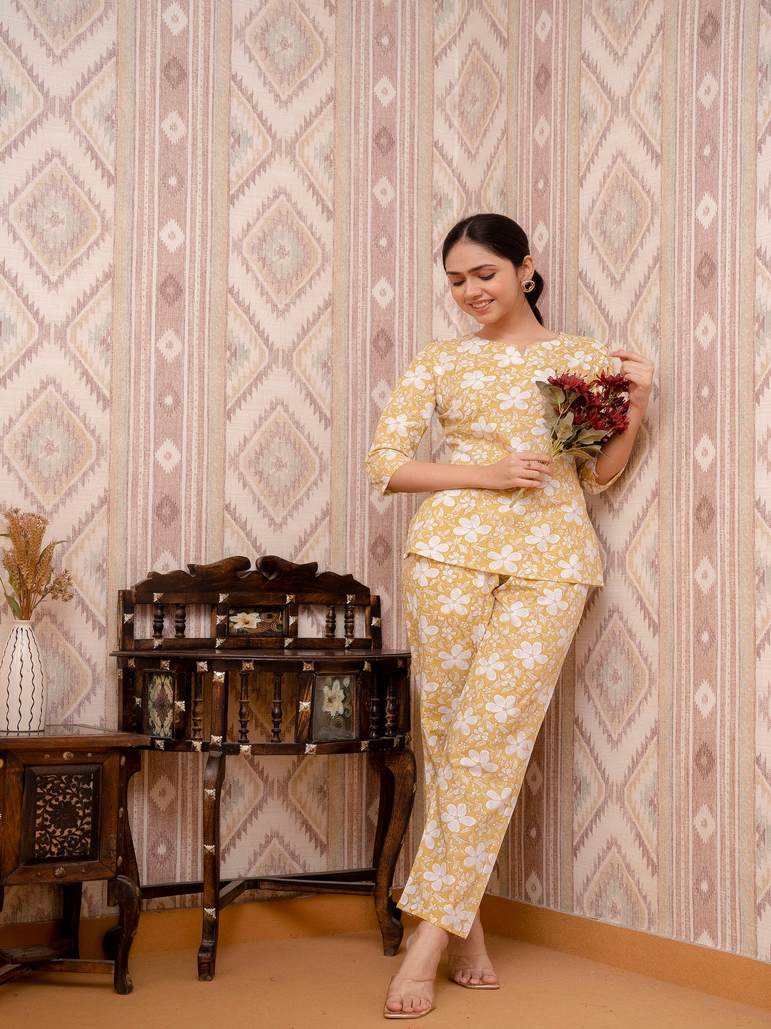 Yellow Printed Cotton Night Suit