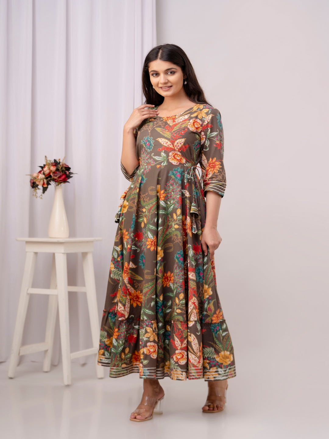 Cotton Calf Length Printed Flared 3/4 Sleeve Round Neck Kurta