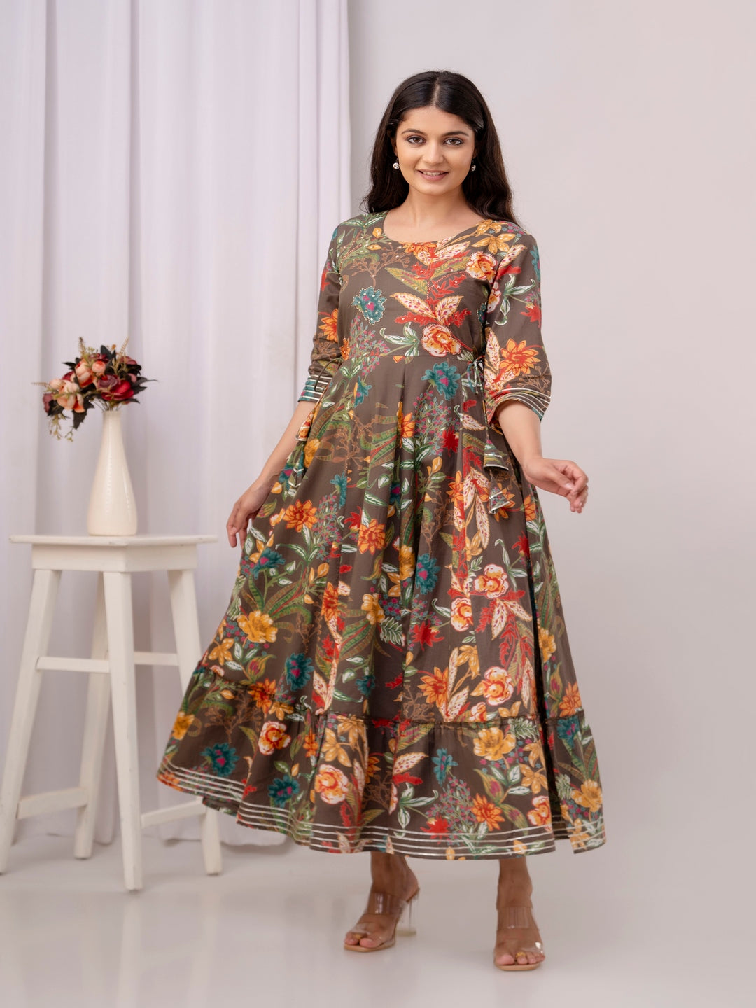 Cotton Calf Length Printed Flared 3/4 Sleeve Round Neck Kurta