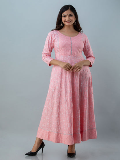 Printed Flared Round Neck 3/4 Sleeve Ankle Length Viscose Rayon Kurta