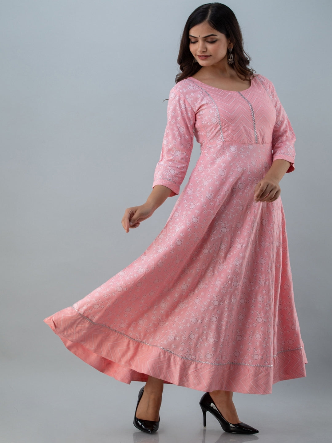 Printed Flared Round Neck 3/4 Sleeve Ankle Length Viscose Rayon Kurta