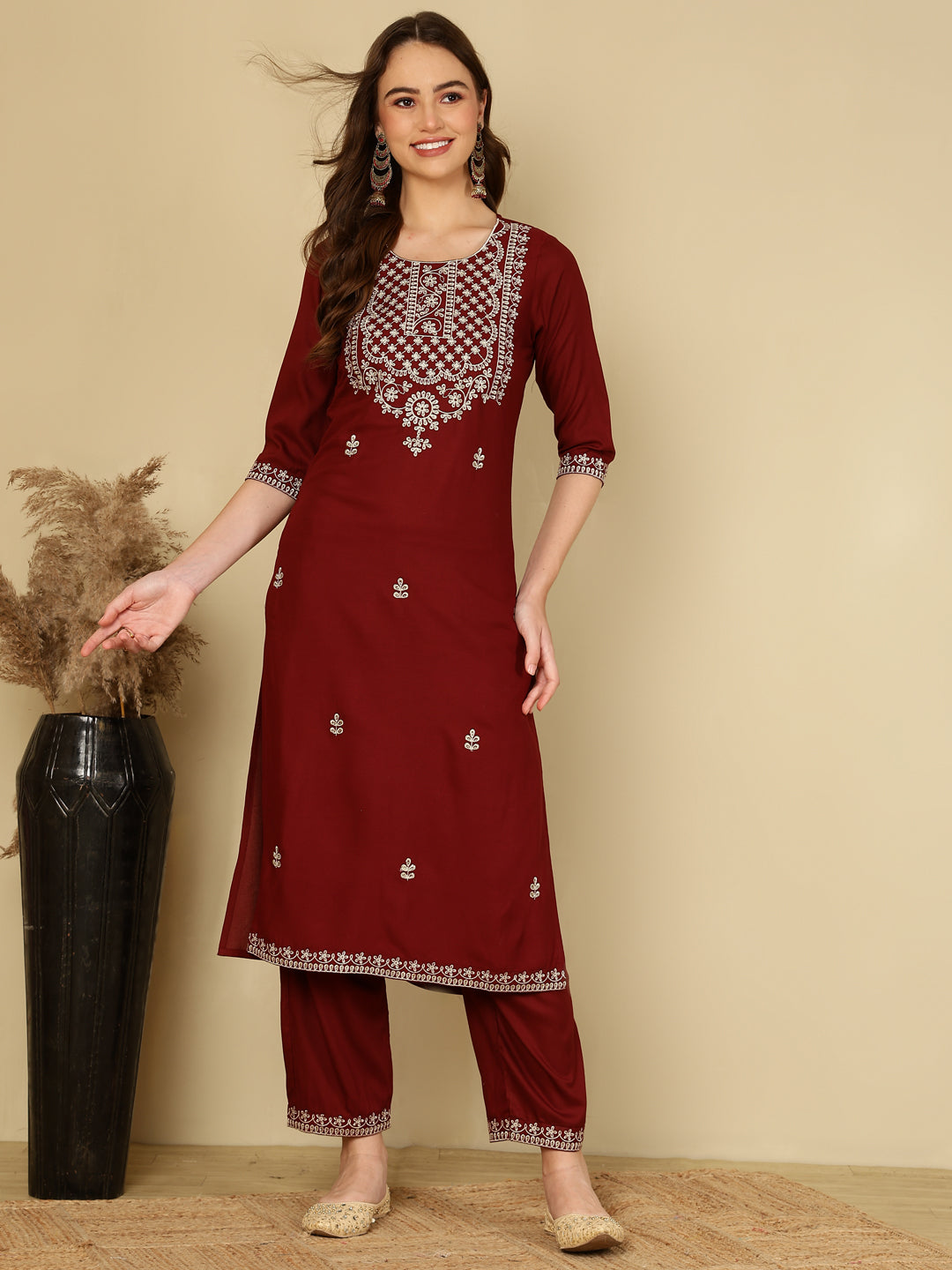 Rayon Printed Kurta And Palazzo Set (MAROON)