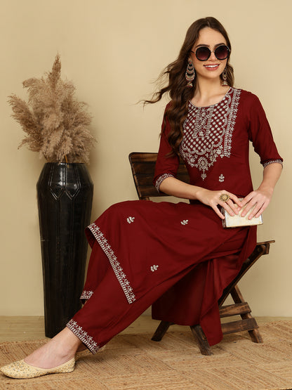 Rayon Printed Kurta And Palazzo Set (MAROON)