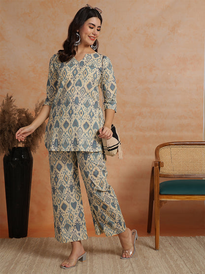 Ikkat Printed 3/4 Sleeves Tunic With Palazzos