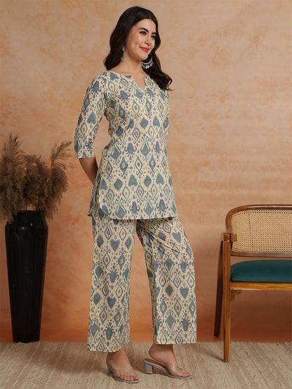 Ikkat Printed 3/4 Sleeves Tunic With Palazzos