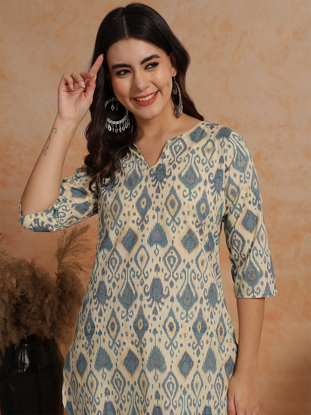 Ikkat Printed 3/4 Sleeves Tunic With Palazzos