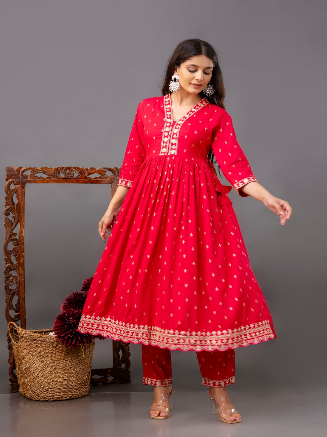 Rayon Printed Kurta With Palazzo & Dupatta Set (Pink)