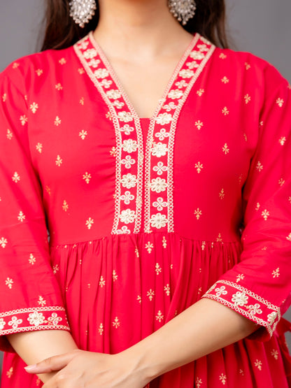 Rayon Printed Kurta With Palazzo & Dupatta Set (Pink)