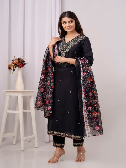 Cotton Embroidered Straight Kurta With Palazzos & Dupatta (Black)