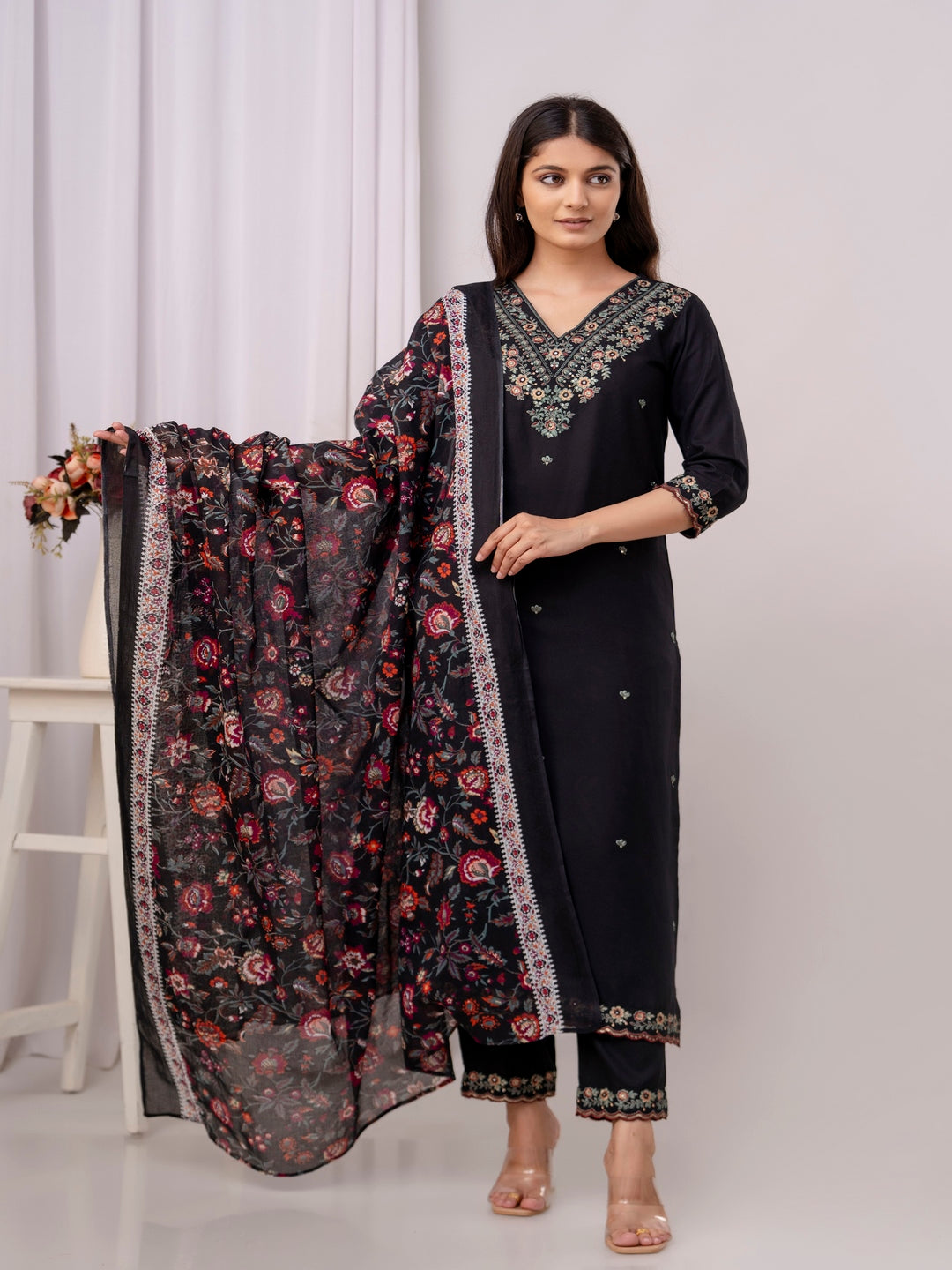 Cotton Embroidered Straight Kurta With Palazzos & Dupatta (Black)