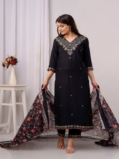 Cotton Embroidered Straight Kurta With Palazzos & Dupatta (Black)