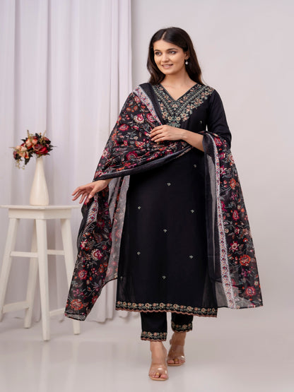 Cotton Embroidered Straight Kurta With Palazzos & Dupatta (Black)