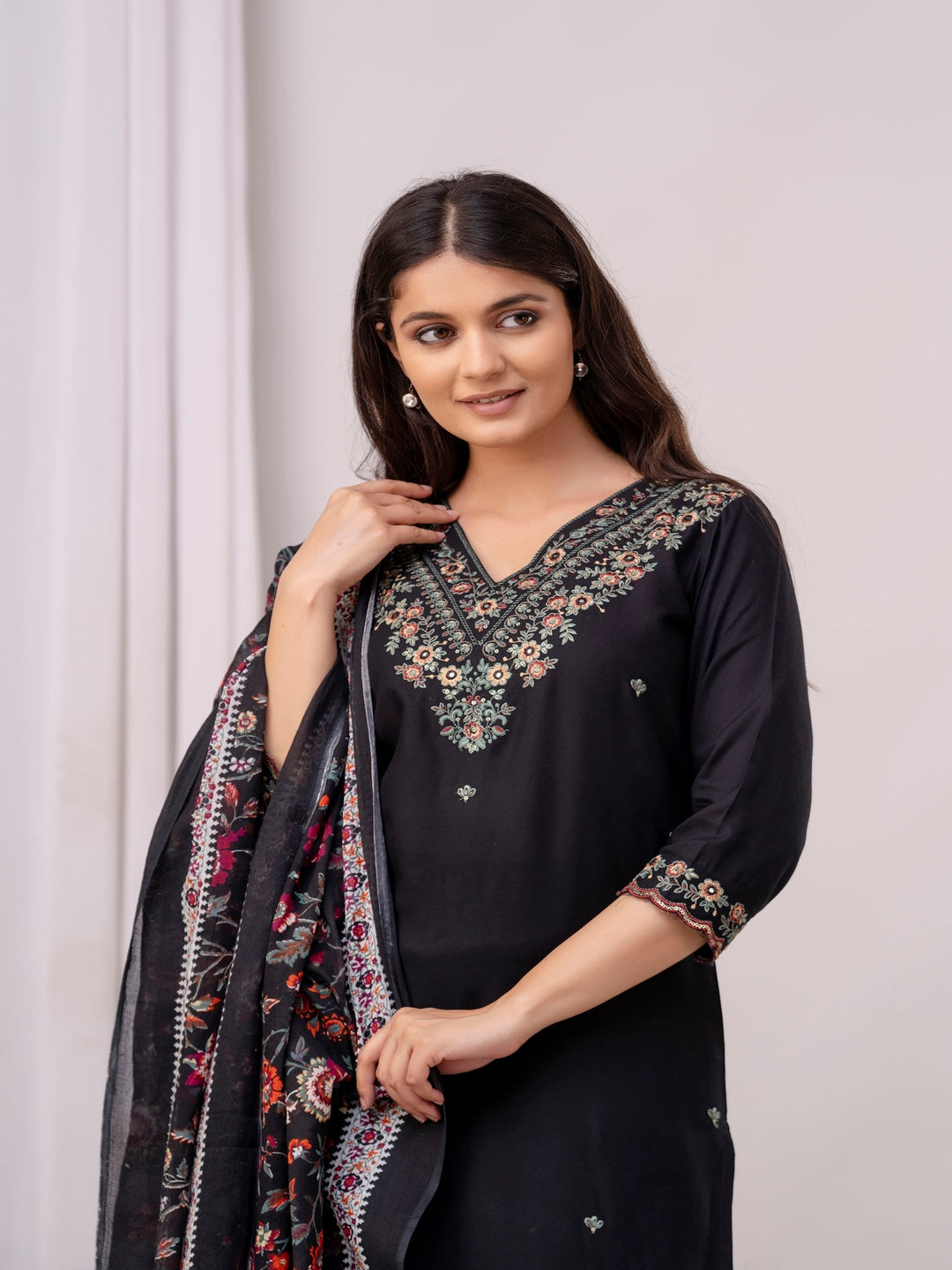 Cotton Embroidered Straight Kurta With Palazzos & Dupatta (Black)