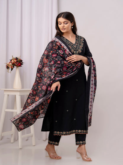 Cotton Embroidered Straight Kurta With Palazzos & Dupatta (Black)