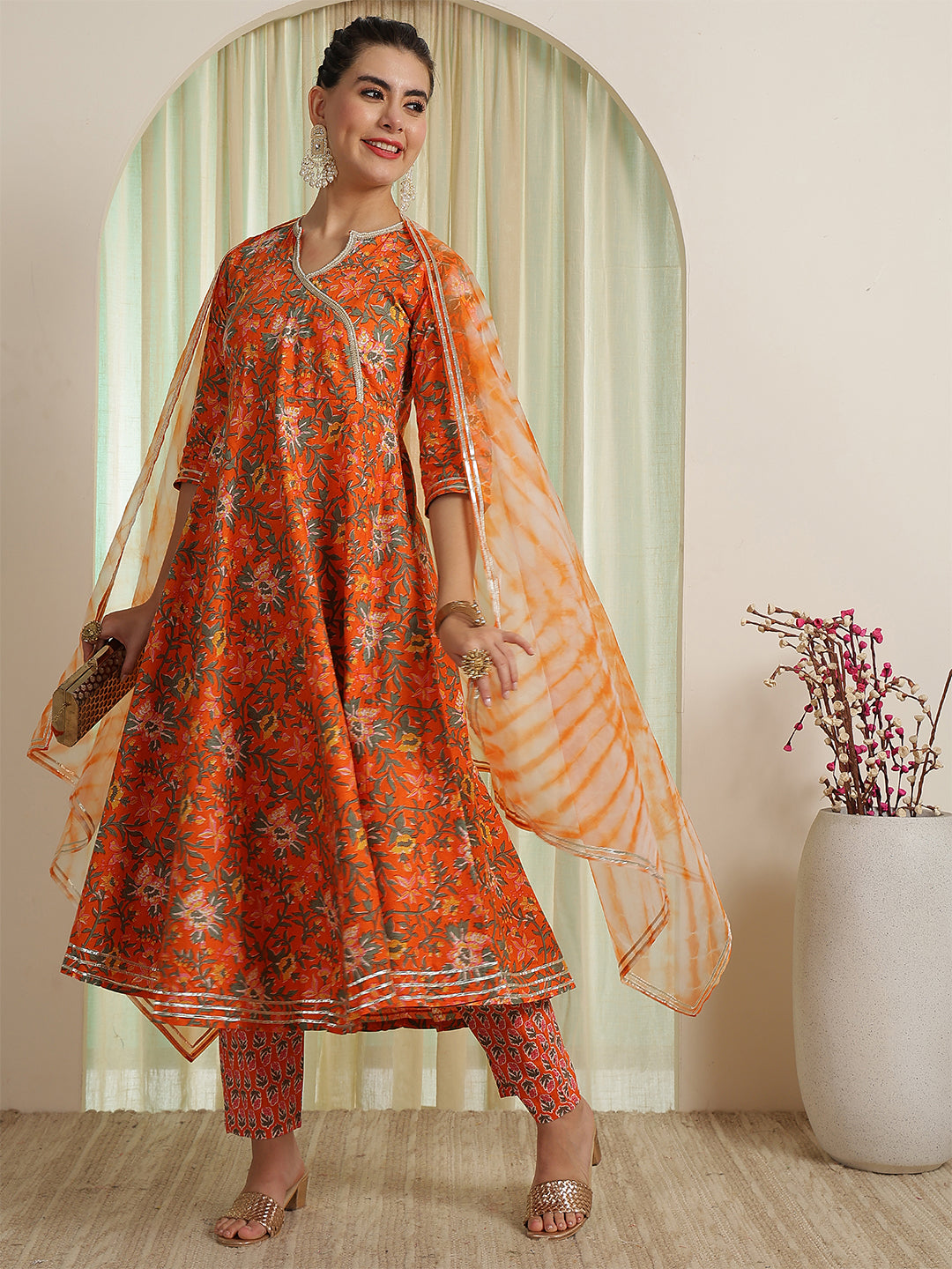 Orange Printed Party Wear Side Pocket Kurta & Pant With Shaded Dupatta