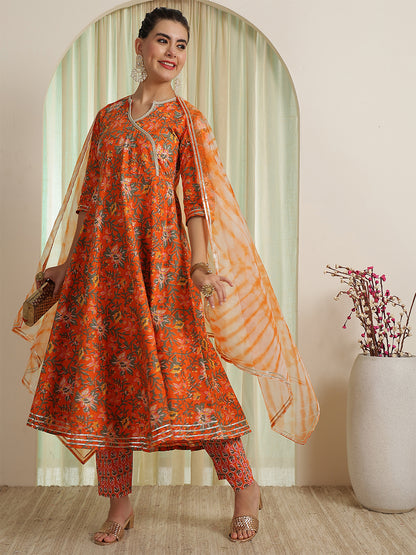 Orange Printed Party Wear Side Pocket Kurta & Pant With Shaded Dupatta