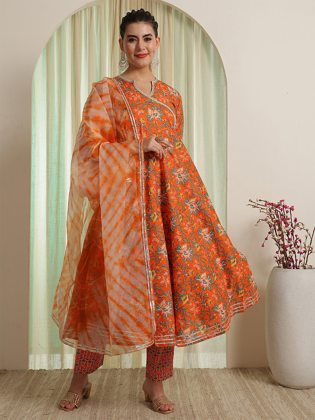 Orange Printed Party Wear Side Pocket Kurta & Pant With Shaded Dupatta