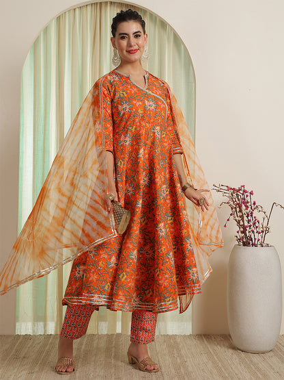 Orange Printed Party Wear Side Pocket Kurta & Pant With Shaded Dupatta