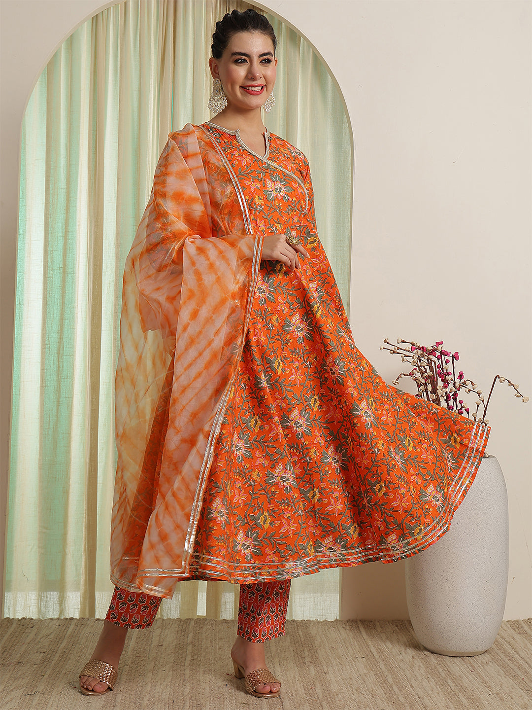 Orange Printed Party Wear Side Pocket Kurta & Pant With Shaded Dupatta