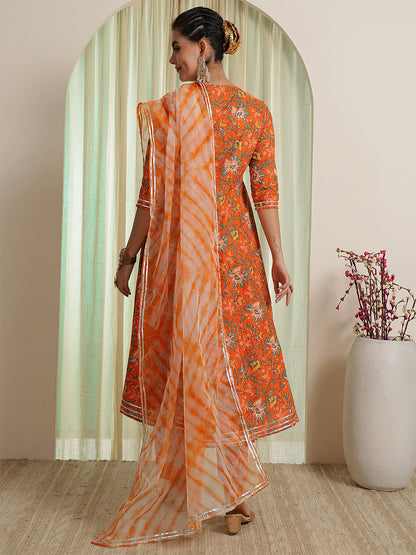 Orange Printed Party Wear Side Pocket Kurta & Pant With Shaded Dupatta