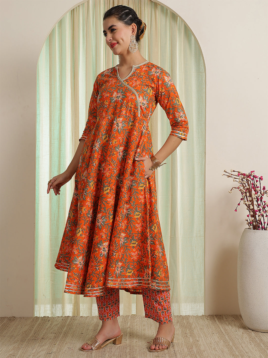 Orange Printed Party Wear Side Pocket Kurta & Pant With Shaded Dupatta