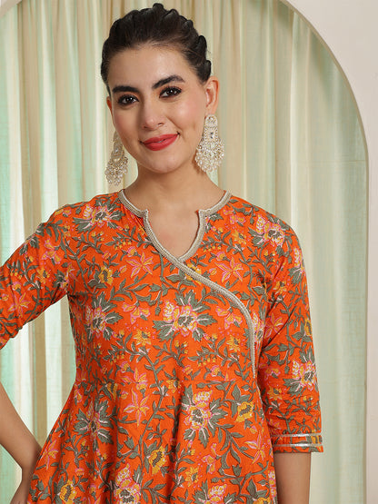 Orange Printed Party Wear Side Pocket Kurta & Pant With Shaded Dupatta