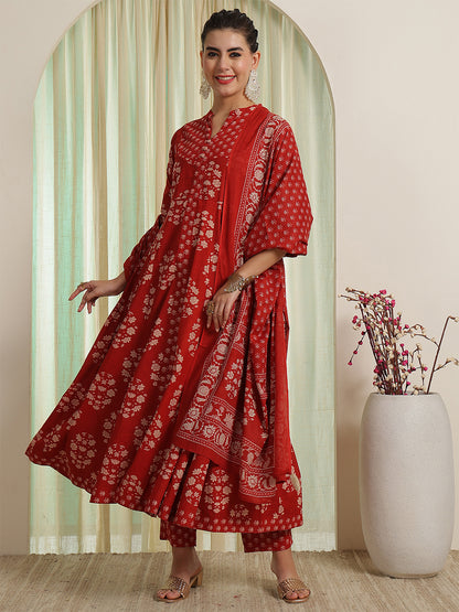 Rust Red Printed Anarkali Kurta & Pant With Dupatta