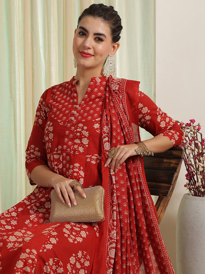 Rust Red Printed Anarkali Kurta & Pant With Dupatta